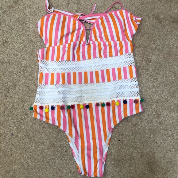 *BRAND NEW* multi-color stripe swimsuit w/ poms - Picture 4 of 5